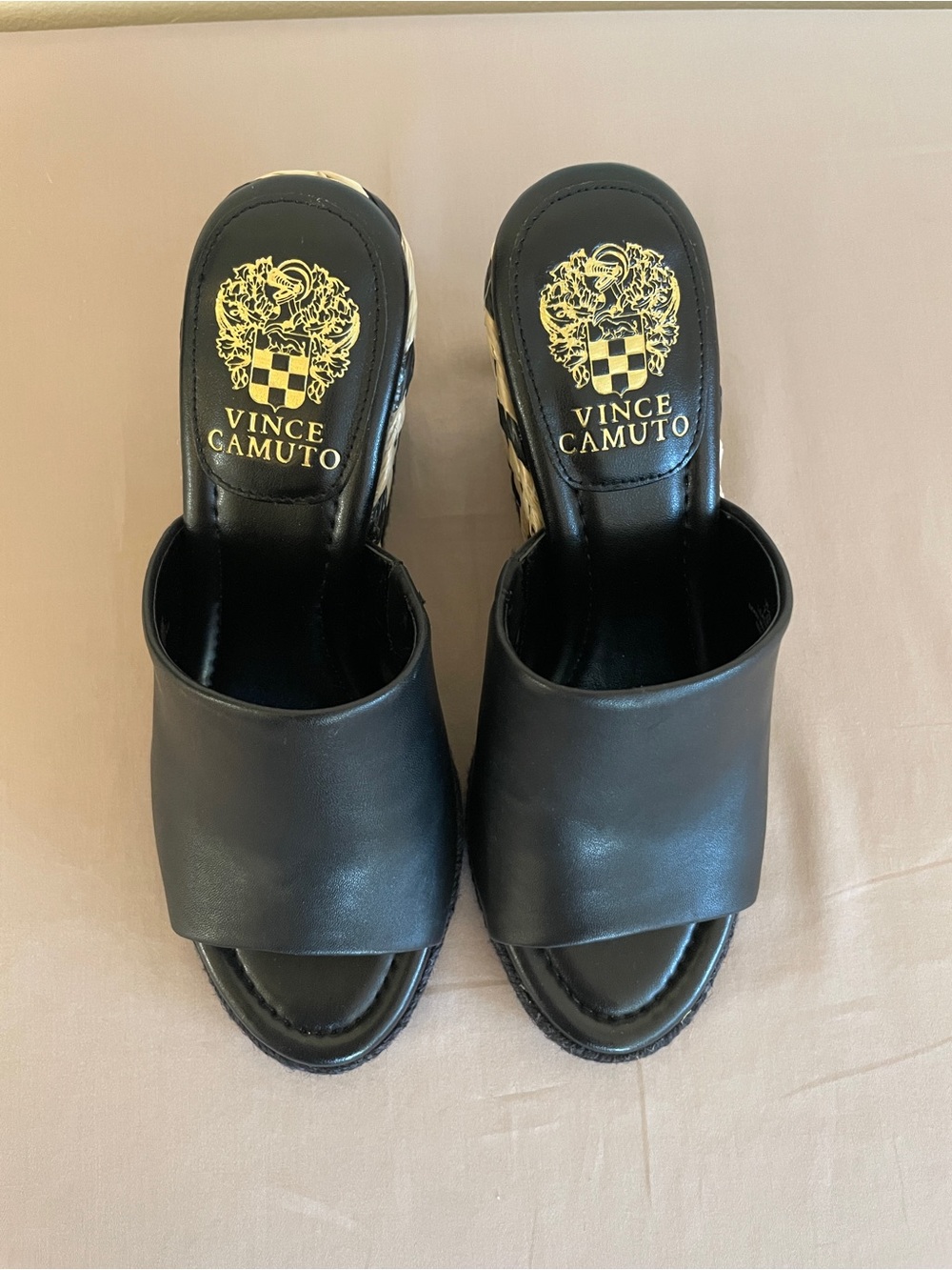 Vince Camuto Black Leather and Woven Espadrille Wedge Mules - Picture 4 of 6